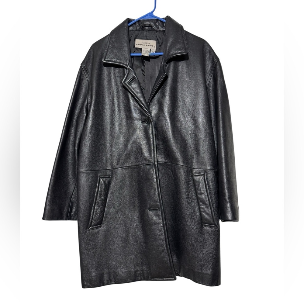 Eddie Bauer Black Leather Trench Jacket Coat Women Size‎ S Classic Winter Long